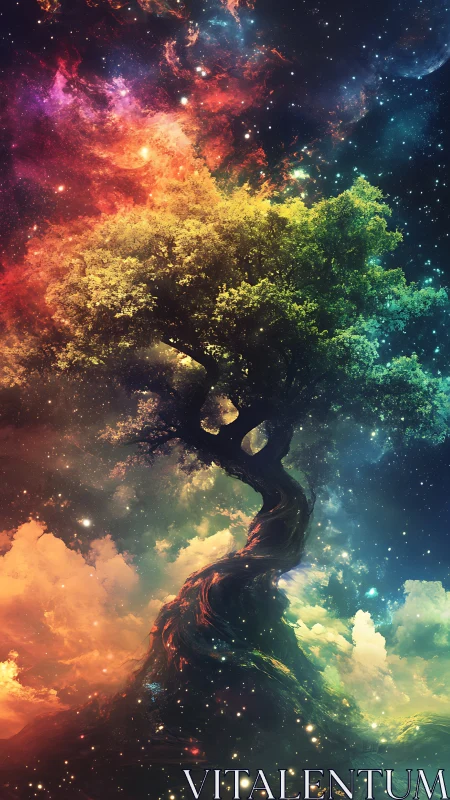 Twisted solitary tree extends into multicolored cosmic field
