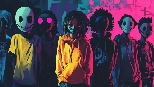 Hooded youth stands masked among neon graffiti silhouettes