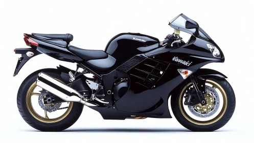 Midnight sportbike idol gleaming on a pure white stage.