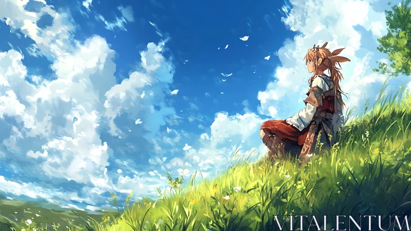 Elf traveler rests on sunlit hill under vast sky.