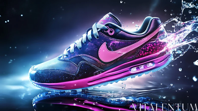 Dynamic neon sneaker splashes forward in glowing motion