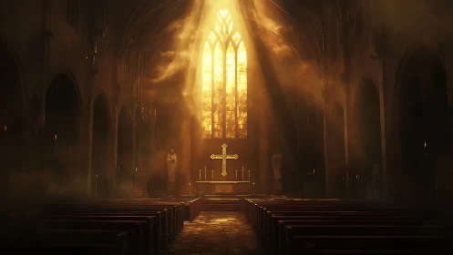 Sunlit church nave with altar cross framed by stained glass