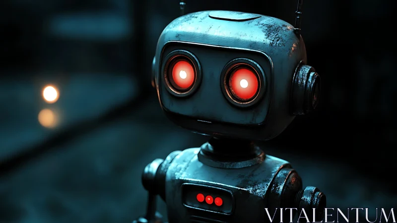 Rusty robot gazes with glowing red eyes in moody light.