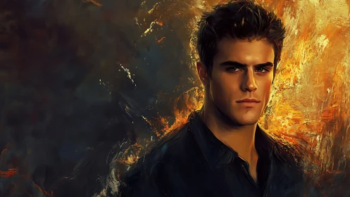 Brooding young man stands before a storm of golden fire