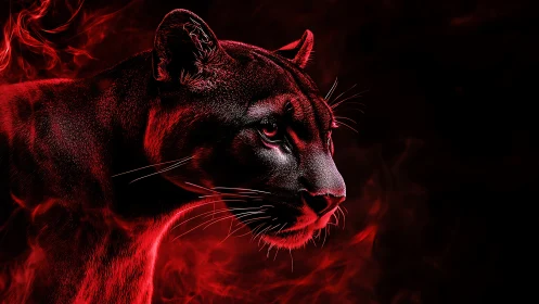 Infernal Feline: Red-Lit Cougar Portrait Against Dark Nebula Background.