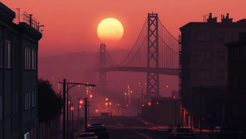 Warm sunset glow over a quiet city bridge and harbor.