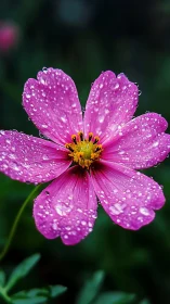 Pink cosmos bloom with raindrops against dark green bokeh.