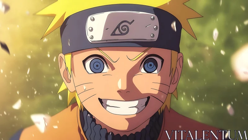 Energetic blond ninja portrait under drifting petals.