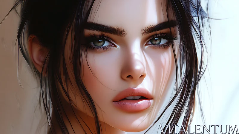Hyperreal digital portrait with glossy skin shading and hair strands.