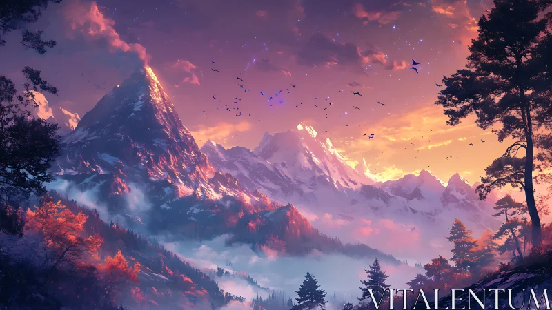 Volcanic alpine range under luminous magenta twilight sky