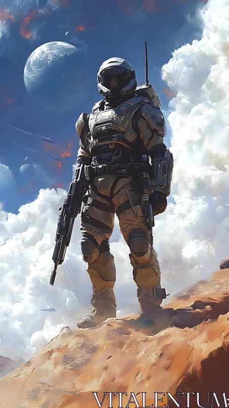 Bold space explorer stands ready on a sunlit alien ridge