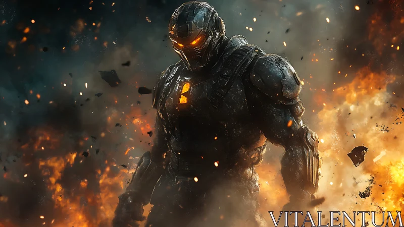 Armored cyber warrior strides through explosive battlefield blaze.