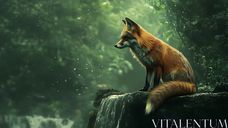 Solitary red fox studies misted forest waterfall edge.