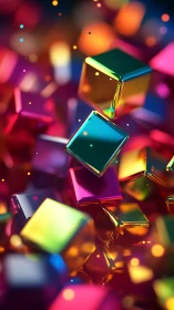 Vibrant glass cubes drift through neon bokeh light