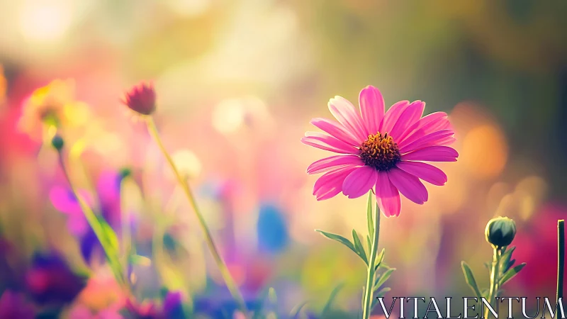 Vivid Magenta Daisy in Soft Focus Garden.