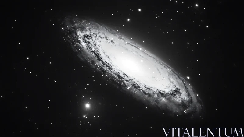 Monochrome spiral galaxy is displayed against sparse starfield