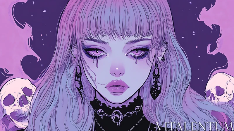 Violet goth girl portrait with skulls, occult jewelry, smoke