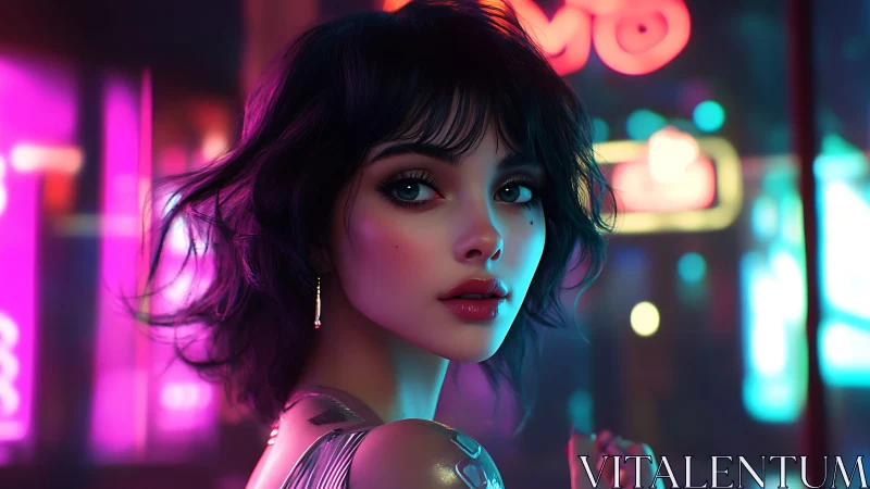 Neon city night portrait of a dreamy girl in soft glow.