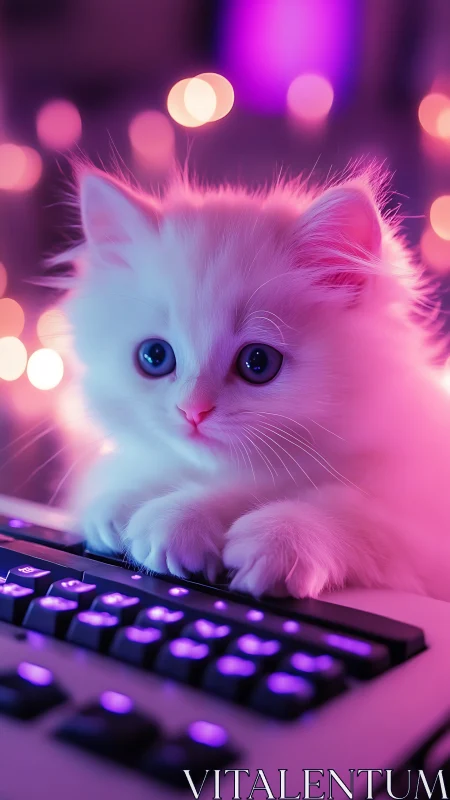 Luminous Feline Subject: Neon-Rendered White Cat at Gaming Console