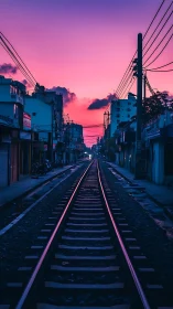 Urban railway perspective under pink and purple dusk sky.