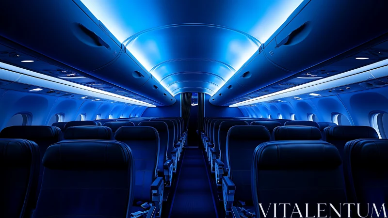 Empty blue-lit airplane cabin interior with aligned seating.