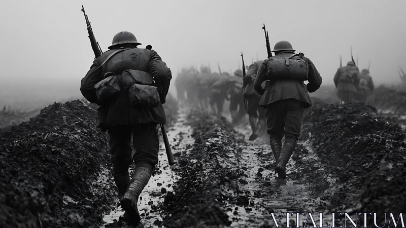 Mud-drenched soldiers trudge into a fog that swallows time