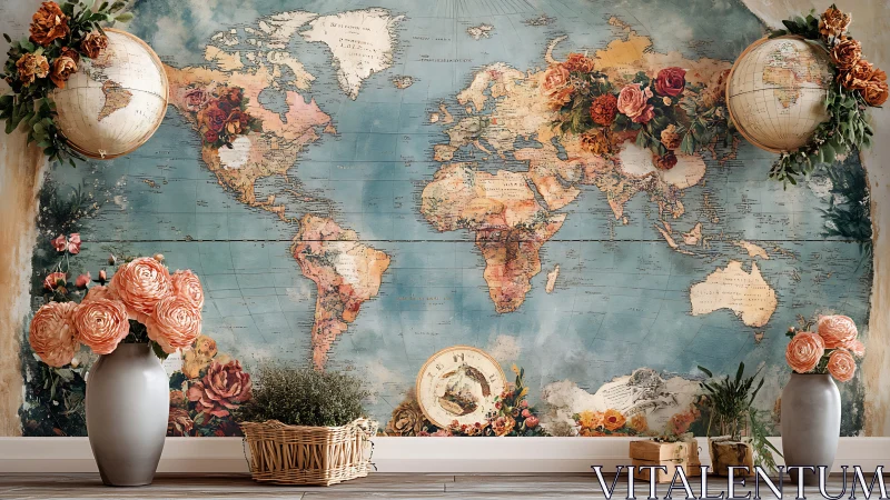 Vintage floral world map mural with decorative vignettes.