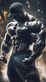 Hyperreal digital bodybuilder with extreme muscular physique.