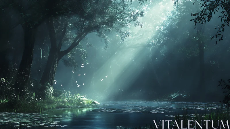 Volumetric dawn rays over misted forest lagoon ecosystem.