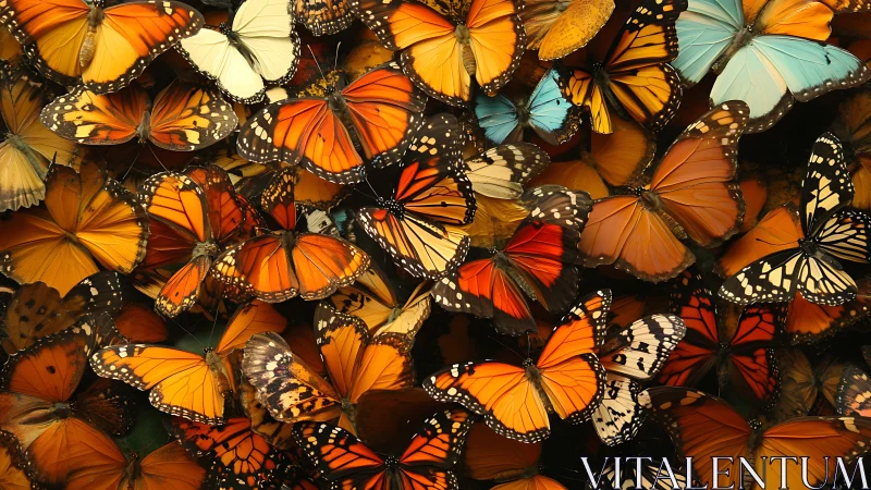 Clustered butterflies in varied orange, cream and blue coloration.