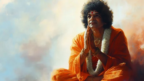 Meditative guru in orange robes sits in soft celestial glow