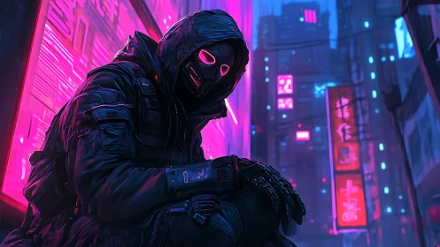 Neon-masked cyberpunk sentinel crouches in rain-soaked alley
