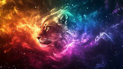 Cosmic lion drifts through swirling rainbow stardust.