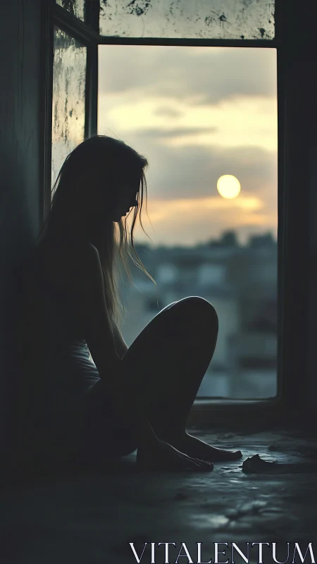 Quiet silhouette girl resting by a softly fading sunset.