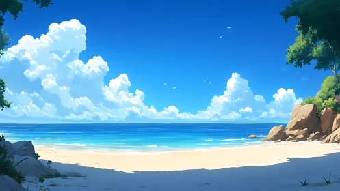 Tropical Beach with White Sand and Rocky Cliffs