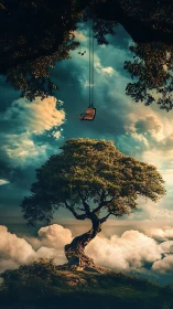 Dreamlike skyward tree and swing invite quiet reflection.