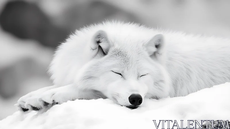Arctic fox sleeps on snowdrift in soft winter light.