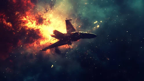 Jet silhouette traverses high-contrast explosive nebula field