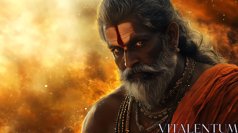 Fiery eyed sage gazes calmly through swirling golden embers