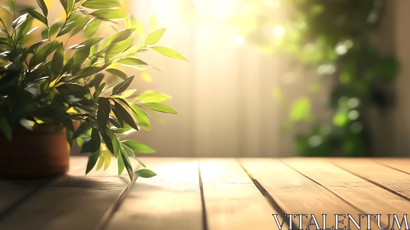 Sunlit houseplant brightening a calm wooden tabletop.