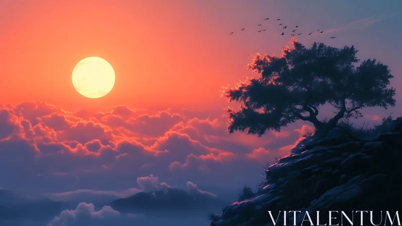 Digital landscape shows sun over clouds beside cliff tree