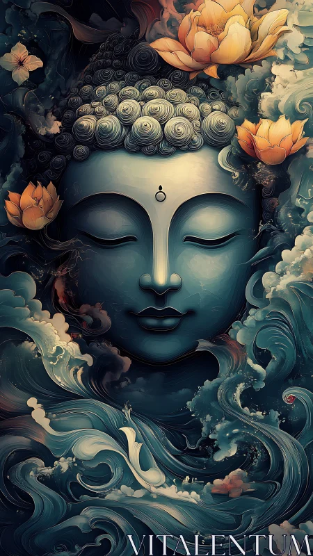 Serene Buddha visage immersed in swirling oceanic lotus currents