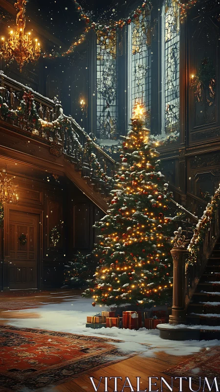 Grand staircase winter atrium with illuminated Christmas tree.