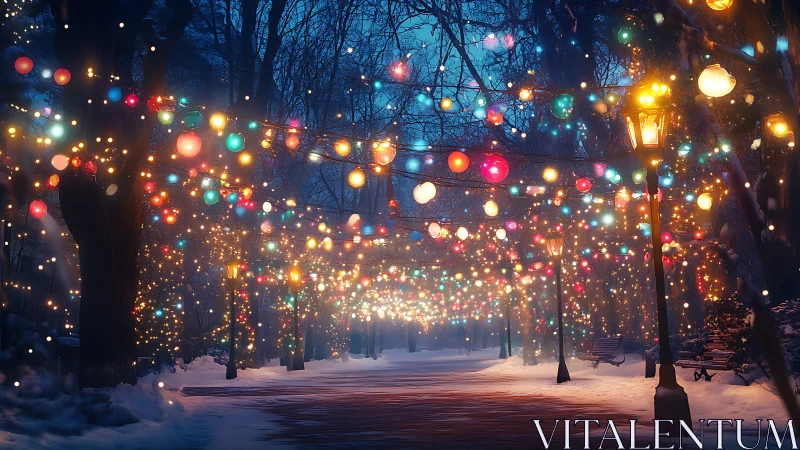 Snowy park pathway is illuminated by dense festive string lights