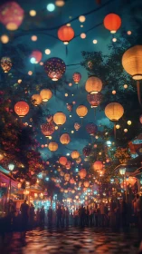 Dense lantern canopy illuminates crowded night market street scene