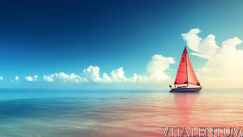 Sunlit sailboat drifting gently across calm blue waters.