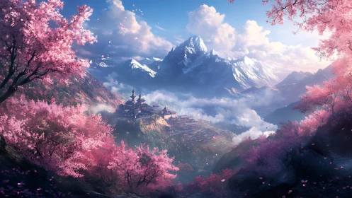 Blossom-framed mountain temples rest above soft drifting clouds