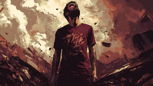 Survivor stands amid burning ruins under explosive sky.