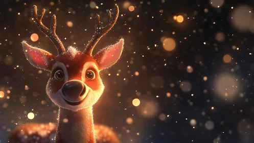 Smiling cartoon reindeer under glowing winter snowfall.