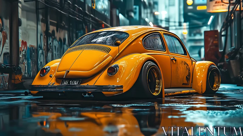 Bold yellow classic car rests low in a neon wet city street